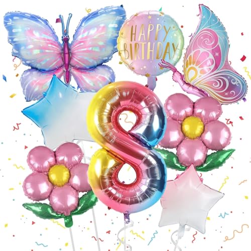 8 Stück 8 Jahre Schmetterlinge Luftballons Geburtstagsdeko mit Band 8 Jahre Mädchen Folienballon Schmetterling Ballon Kindergeburtstag Deko Happy Birthday Decorations Themenparty Dekoration von TaimeiMao