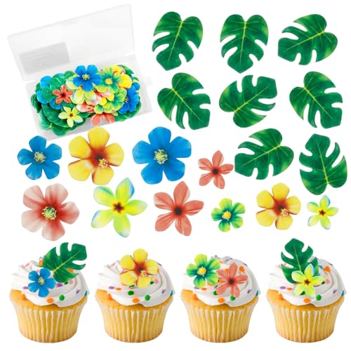 83 Stück Esspapier Tortendeko,enthält 35 Stück Essbare Blumen und 48 Stück Essbare Blätter als für Cupcake Topper,Tortendeko Essbar,Dschungel Geburtstag Dekoration für Hawaii von TaimeiMao