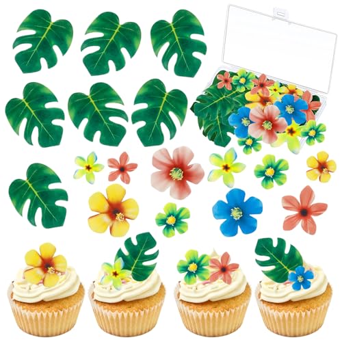 83 Stück Esspapier Tortendeko,enthält 35 Stück Essbare Blumen und 48 Stück Essbare Blätter als für Cupcake Topper,Tortendeko Essbar,Dschungel Geburtstag Dekoration für Hawaii von TaimeiMao
