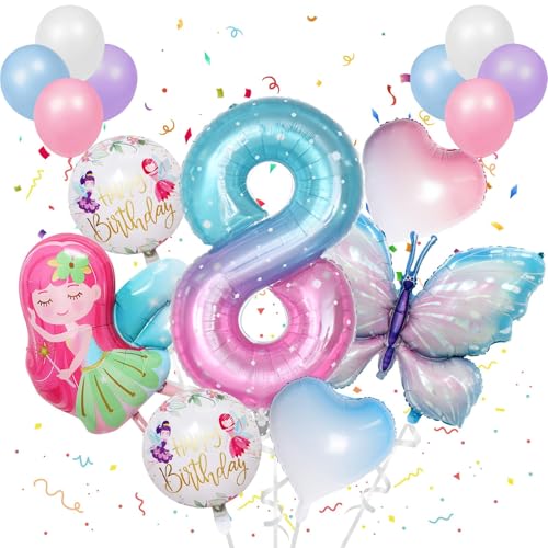 16 Stück 8 Jahre Bunt Schmetterling Luftballons Geburtstag Mädchen Schmetterlinge Folienballon Geburtstagsdeko Feen mit Band für Themen Party Festival Party Dekoration von TaimeiMao
