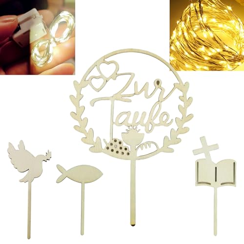 Cake Topper Taufe, 4 Stück Holz Tortendeko Taufe mit LED Lichterkette, Tortendeko Mädchen Junge von TaimeiMao