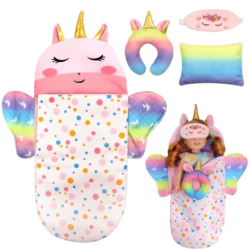 Einhorn Puppenschlafsack Set Mit Augenmaske & U-Förmiges Kissen & Quadratisches Kissen Puppenzubehör Für 25-38cm Puppen Geburtstagsgeschenk Für Mädchen von TaimeiMao