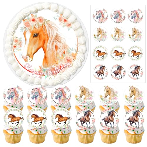 Essbarer Tortenaufleger Pferde Geburtstag,1 Stück Kuchendekoration zum Thema Pferd (20cm) und 12 Stück Pferde Cake Topper Tortendeko (6cm),Kuchendekoration zum Thema Pferd für Geburtstag Dekoration von TaimeiMao