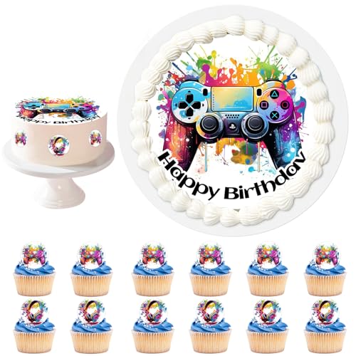Gamer Tortendeko,mit Essbar Gaming Neon Tortenaufleger Ø 20 cm,12 Muffin Deko,Kreative Esspapier Tortendeko für Kindergeburtstag von TaimeiMao