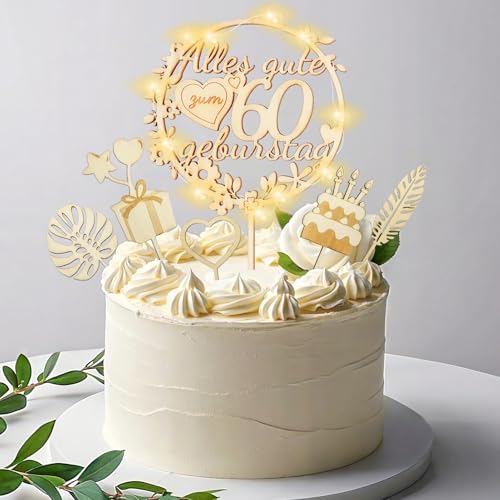 8 Stück Holz Happy Birthday Tortendeko mit Led Lichterkette 60 Kuchendeko Geburtstag Happy Birthday Cake Topper Kuchendekoration Für Frauen Mann 60. Geburtstag Dekoration (60 Jahre) von TaimeiMao