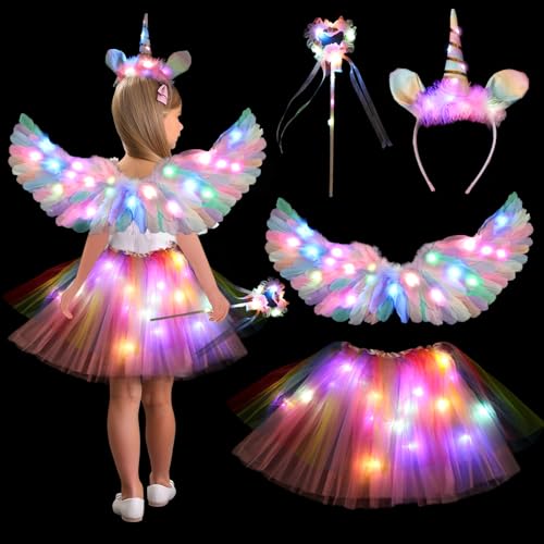 TaimeiMao Leuchtend Einhorn Kostüm Kinder,mit 60cm Engelsflügel Federflügel Heiligenschein Einhorn Haarreif Zauberstab LED Tutu Tüllrock,für Halloween Karneval Cosplay Party Fasching Kostüm von TaimeiMao