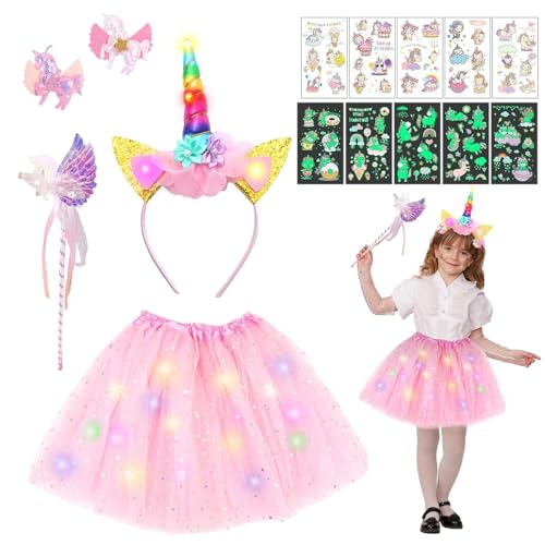 Leuchtend Einhorn Kostüm Set,mit Einhorn Tütü,Glasfaser Leuchtstäbe Haarreifen Haarspangen Einhorn Tattoos,für Mädchen 3-8 Jahre Kindergeburtstag Karneval, Rosa Leuchtend Einhorn Kostüm Set,mit Einhorn Tütü,Glasfaser Leuchtstäbe Haarreifen Haarspangen Einhorn Tattoos,für Mädchen 3-8 Jahre Kindergeburtstag Karneval, Rosa von TaimeiMao