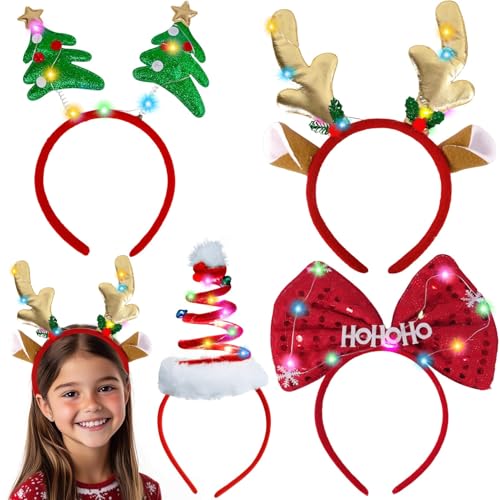 TaimeiMao 4 Stück Weihnachts Haarreif, Glitzer Weihnachtsstirnbänder, Weihnachtsschmuck - Weihnachtsbaum, Santa Hut, Rentier Geweih, Schneemann - Für Kinder und Erwachsene von TaimeiMao