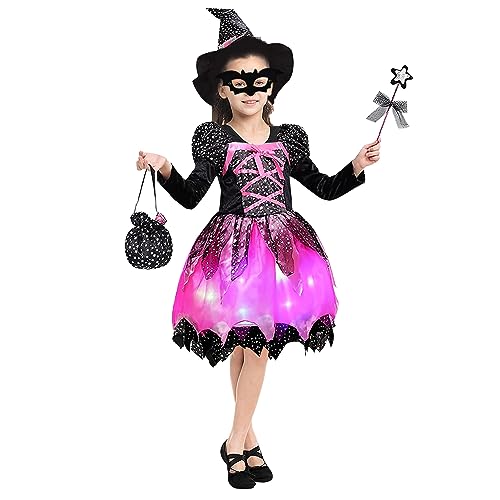 TaimeiMao 5 Stücke Halloween Kostüm Kinder Set mit Lichter Mädchen Hexenkostüm Violett+ Hexenhut + Maske+Zuckerbeutel + Zauberstab Leuchtende Faschingskostüme für Halloween Karneval Cosplay von TaimeiMao