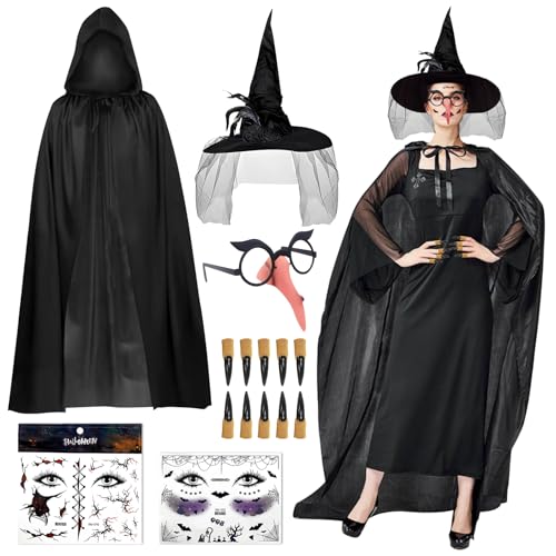 TaimeiMao Hexenkostüm damen halloween, Hexenumhang damen, Halloween hexenhut, Unisex Umhang mit Kapuze, Hexennägel und Halloween Gesichtsaufkleber, für Halloween Cosplay Maskerade Zubehör TaimeiMao Hexenkostüm damen halloween, Hexenumhang damen, Halloween hexenhut, Unisex Umhang mit Kapuze, Hexennägel und Halloween Gesichtsaufkleber, für Halloween Cosplay Maskerade Zubehör von TaimeiMao