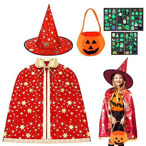 TaimeiMao Kinder Halloween Kostüm,120cm Hexe Zauberer Umhang mit Hut, Kürbis Candy Bag und 5 Blätter Halloween Tattoo Aufkleber, Wizard Cape Witch Umhang, Cosplay Party Kostüm für Jungen Mädchen(Rot) TaimeiMao Kinder Halloween Kostüm,120cm Hexe Zauberer Umhang mit Hut, Kürbis Candy Bag und 5 Blätter Halloween Tattoo Aufkleber, Wizard Cape Witch Umhang, Cosplay Party Kostüm für Jungen Mädchen(Rot) von TaimeiMao