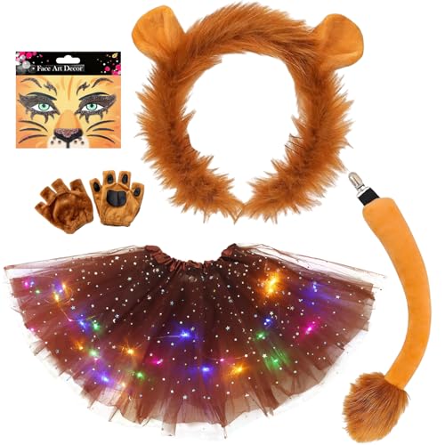 TaimeiMao 5-teiliges Löwen Kostüm für Kinder Tierkostüm Set Zubehör mit Stirnband, Gesichtssticker, Handschuhen, Schwanz & LED-Rock für Karneval, Halloween, Mottopartys und Geschenk von TaimeiMao