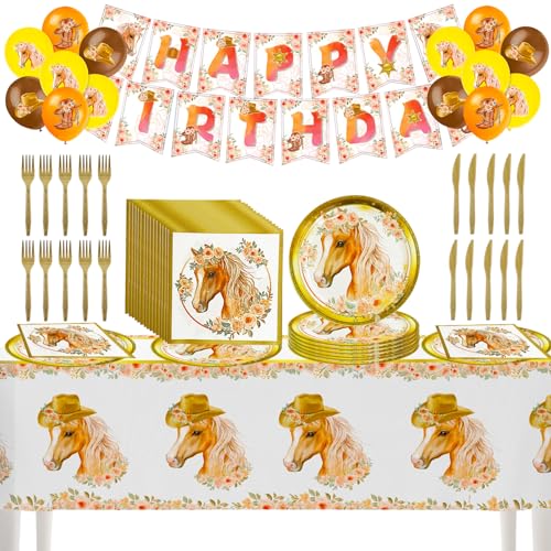 TaimeiMao Pferd Partygeschirr Set, Pferd Party Zubehör,mit Pappteller,Servietten,Messer,Gabeln,Tischdecke,Luftballons,Happy Birthday-Banner,Pferde Geburtstag Party Geschirr,für 10 Gäste von TaimeiMao