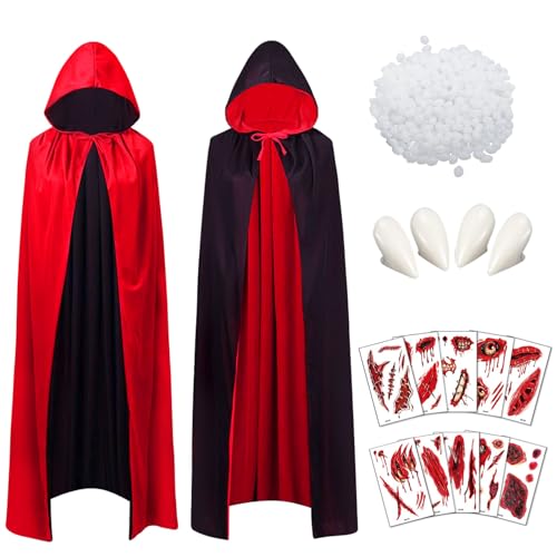 TaimeiMao Vampir Umhang, 170CM Unisex Kapuzenumhang Schwarz Rot Doppelseitig, Halloween Kostüm für Erwachsene Kinder Herren Damen mit Tattoo Aufkleber, Beißring, Gebiss von TaimeiMao