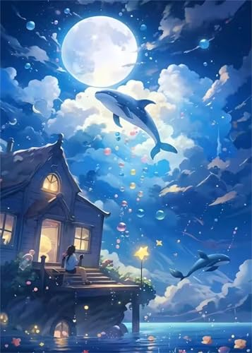 Puzzle 1000 Teile Erwachsene Anime Delfin Mond, DIY Klassische Jigsaw Puzzles Legespiel, Geschicklichkeitsspiel für Die Ganze Familie, Puzzles Farbenfrohes für Home Dekoration von Tainrun