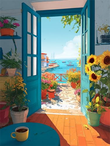 Puzzle 1000 Teile für Erwachsene, Terrassentür Meer 75x50cm Puzzle Erwachsene 1000 Teile Lernspiel Herausforderung Spielzeug, Geschicklichkeitsspiel für die ganze Familie von Tainrun