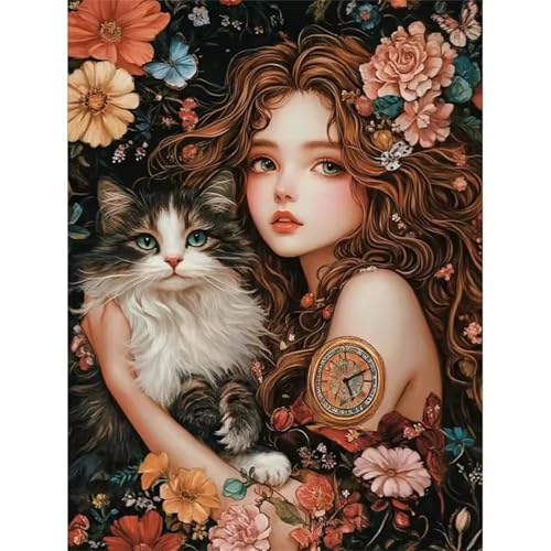 Puzzle 500 Teile für Erwachsene, Blumenmädchen Katze 52x38cm Puzzle Erwachsene 500 Teile Lernspiel Herausforderung Spielzeug, Geschicklichkeitsspiel für die ganze Familie von Tainrun