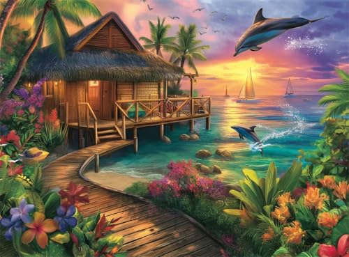 Puzzle 90 Teile für Erwachsene, Schöne Stranddelfine 25x20cm Puzzle Erwachsene 90 Teile Lernspiel Herausforderung Spielzeug, Geschicklichkeitsspiel für die ganze Familie von Tainrun