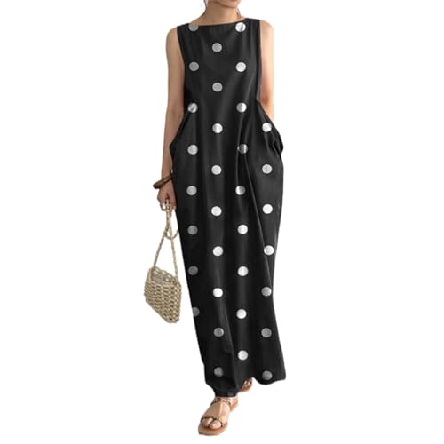 Tainrunse Damen Sommer Ärmelloses Punktdruck Kleid Lang O-Ausschnitt Maxi mit großen Taschen Freizeitkleid Schwarz L Tainrunse Damen Sommer Ärmelloses Punktdruck Kleid Lang O-Ausschnitt Maxi mit großen Taschen Freizeitkleid Schwarz L von Tainrunse