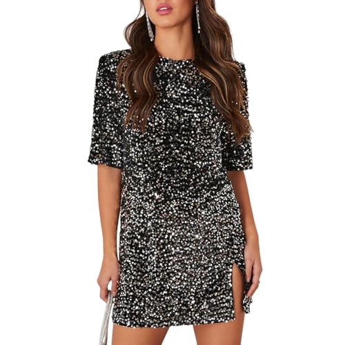 Tainrunse Sommerkleid, V-Ausschnitt, Pailletten, glänzend, kurzärmelig, Schwarz, Größe XL Tainrunse Sommerkleid, V-Ausschnitt, Pailletten, glänzend, kurzärmelig, Schwarz, Größe XL von Tainrunse