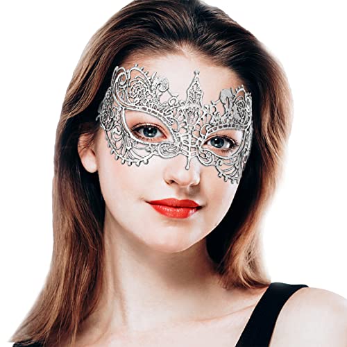 Takmor Venezianische Maske Damen, Spitze Catwoman Maske Maskenball Maske Damen Augenmaske Halloween für Karneval Valentinstag Kostüm Party Nachtclub Gesichtsmaske (Silber) von Takmor