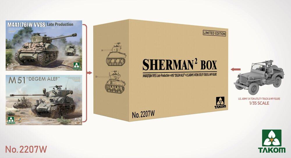 Sherman Box - M4A1(76W) VVSS Late Production + M51 DEGEM ALEF + US Army 1/4Ton Utility Truck & MP Figure von Takom