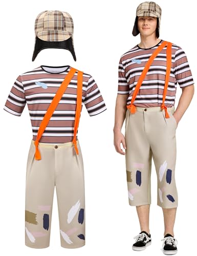 Takuvan Halloween-Kostüm für Herren, Chavo, gestreift, Hemd, Hose, Hut, Cosplay-Party, Erwachsene, Übergröße, Comedy-Outfit, 4-teilig von Takuvan