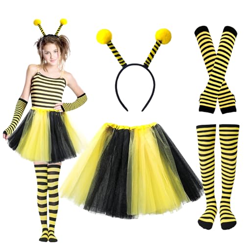 Bienenkostüm Set 4 Stück,Bienen Kostüm Erwachsene Damen mit Bienen Haarreif Tüll Rock Gestreifte Überkniestrümpfe Lange Handschuhe fur Karneval,Halloween Fasching Party von TaleMoon
