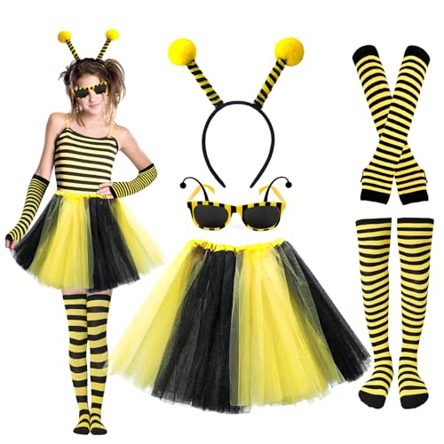 Bienenkostüm Set 5 Stück,Bienen Kostüm Erwachsene Damen mit Bienen Haarreif Bienenbrille Tüll Rock Gestreifte Überkniestrümpfe Lange Handschuhe fur Karneval,Halloween Fasching Party von TaleMoon