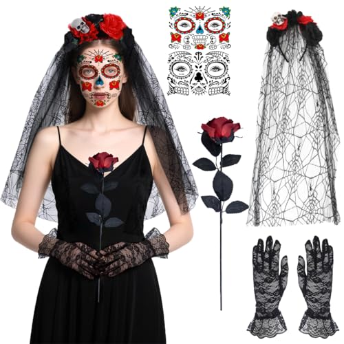 Dia De Los Muertos Haarreif, Tag Der Toten Schminke, Totenkopf Tattoo Gesicht, Tag Der Toten Damen Kostüm Accessoires mit Rose Spitzenhandschuhe für Halloween Karneval Fasching Party (A) von TaleMoon