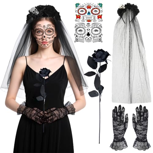 Dia De Los Muertos Haarreif, Tag Der Toten Schminke, Totenkopf Tattoo Gesicht, Tag Der Toten Damen Kostüm Accessoires mit Rose Spitzenhandschuhe für Halloween Karneval Fasching Party (B) von TaleMoon