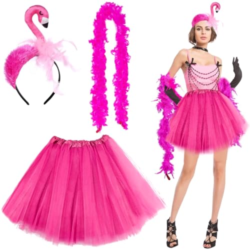 Flamingo Kostüm Damen, Flamingo Haarreif, Hawaii Kostüm Damen, Pinker Tüllrock Damen, Federboa Rosa, Tierkostüm Damen für Fasching Karneval Mottoparty Kostüm Accessoires von TaleMoon