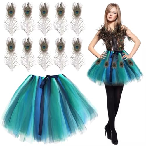 Pfau Kostüm Damen, 10pcs Pfauenfedern+Federrock Tüllrock, Tierkostüm Damen für Fasching Karneval Mottoparty Kostüm Accessoires Pfau Kostüm Damen, 10pcs Pfauenfedern+Federrock Tüllrock, Tierkostüm Damen für Fasching Karneval Mottoparty Kostüm Accessoires von TaleMoon