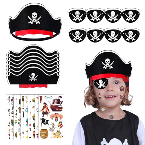Piraten Kindergeburtstag, 8pcs Piratenhut Kinder+8pcs Augenklappe Pirat+10pcs Piraten Tattoos, Piratenparty Kindergeburtstag für Mädchen Jungen, Accessoires für Halloween Adventskalender Deko von TaleMoon