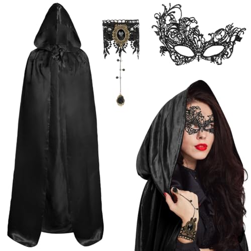 TaleMoon Schwarzer Umhang Damen mit Accessoires Maske & Finger Kette,106/126/146cm Schwarz Satin Cape mit Kapuze,Vampir Umhang Schwarzer für Erwachsene Karneval Halloween Fasching Maskerade Party von TaleMoon