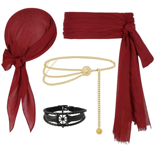 TaleMoon Piratenkostüm Accessoires, 4 Pcs Piraten Damen Accessoires, Mittelalter Piraten Kopftuch Gürtel, Kettengürtel Gold, Rotes Tuch Pirat für Karneval, Cosplay, Party, Halloween TaleMoon Piratenkostüm Accessoires, 4 Pcs Piraten Damen Accessoires, Mittelalter Piraten Kopftuch Gürtel, Kettengürtel Gold, Rotes Tuch Pirat für Karneval, Cosplay, Party, Halloween von TaleMoon