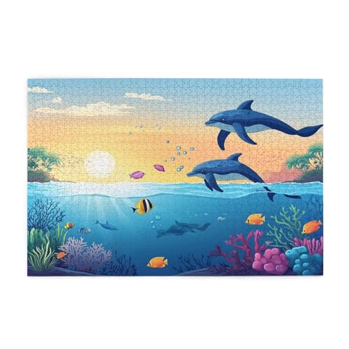 Puzzle 1500 Teile Delphin, Sonnenuntergang Holz XXL Puzzle Erwachsene mit Schachtel und Poster, Schwierige, Herausfordernde und Interessant Spiele für Anfänger, Frauen Wohndekoration Geschenke 1T-1517 von Tamalsj