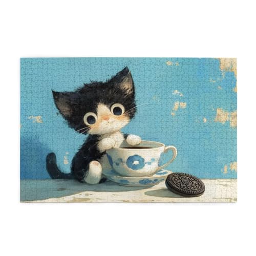 Puzzle 1500 Teile Katze, Tee Holz XXL Puzzle Erwachsene mit Schachtel und Poster, Schwierige, Herausfordernde und Interessant Spiele für Anfänger, Geschenke für Männer/Frauen Wohndekoration 1T-1280 von Tamalsj