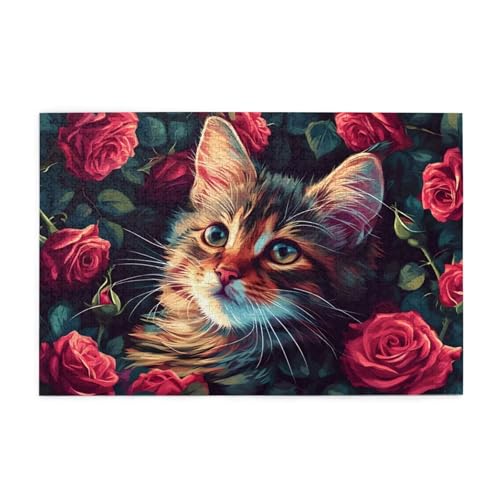 Puzzle 3000 Teile Rose, Katze Holz XXL Puzzle Erwachsene mit Schachtel und Poster, Schwierige, Herausfordernde und Interessant Spiele für Anfänger, Geschenke für Männer/Frauen Wohndekoration 1T-1803 von Tamalsj