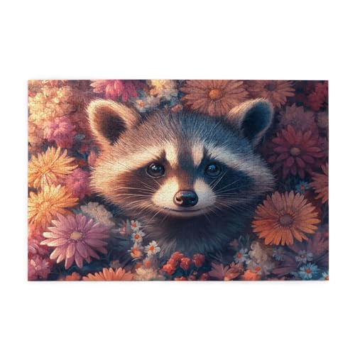 Waschbär Puzzle 1000 Teile Erwachsene Blume, Puzzles mit Verpackung Box und Poster, Lustig Stress Abbauen Familien Unterhaltungsspiele für Raumdekoration, Kreative Geschenke für Männer/Frauen 1T-457 von Tamalsj