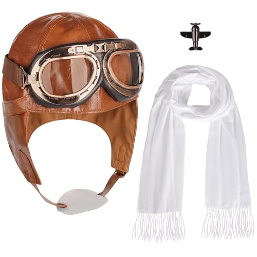 Fliegermütze mit Brille Kostüm Zubehör Pilot Hut Brille Set, 4Pcs Pilot Kostüm Vintage Flieger Mütze mit Schutzbrille, weißer Schal und Brosche für Halloween, Karrieretag, Luftfahrtpiloten Mottoparty Fliegermütze mit Brille Kostüm Zubehör Pilot Hut Brille Set, 4Pcs Pilot Kostüm Vintage Flieger Mütze mit Schutzbrille, weißer Schal und Brosche für Halloween, Karrieretag, Luftfahrtpiloten Mottoparty von Tanganan