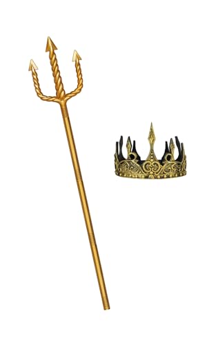 Neptun Dreizack des Königs Neptun Kostümzubehör, goldenes Dreizack Kostüm für Halloween Königs Dreizack Teufels Dreizack Kostüm mit Krone für Erwachsene, Kleid, Cosplay Kostüm (mit Krone) von Tanganan