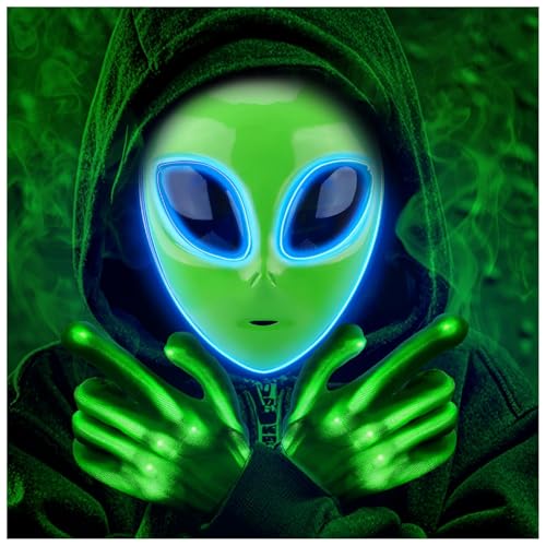 Tanganan LED Alien Maske für Erwachsene Kinder, Halloween LED Maske Kostüm, 3 Modi, beleuchtete Gesichtsmaske für Festival, Cosplay Kostüm (and Handschuhe) von Tanganan