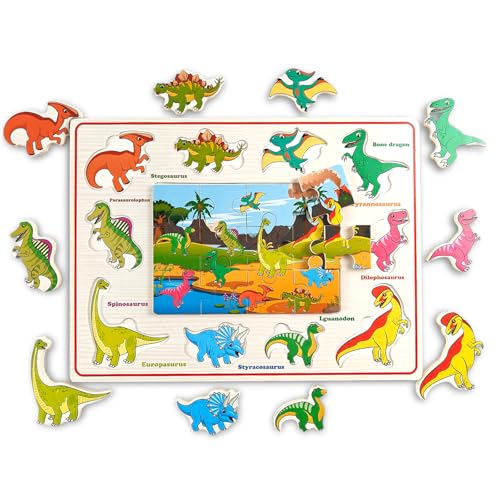 2 in 1 Holzpuzzles für Kinder Ab 3 Jahren - Puzzle-Set aus Holz, Lernspielzeug für 3-6 Jährige, Pädagogisches Vorschul-Spielzeug für Jungen und Mädchen (Dinosaurier) von Tangdudu