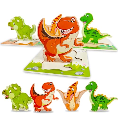 4 Stück 3D Kinder Holzpuzzle, Holzspielzeug ab 1 2 3 Jahren, Steckpuzzle Holz Montessori Spielzeug für Baby, Kleinkind Lernspielzeug, Geschenk für 1 2 3 jährige Jungen und Mädchen (Dinosaurier) von Tangdudu