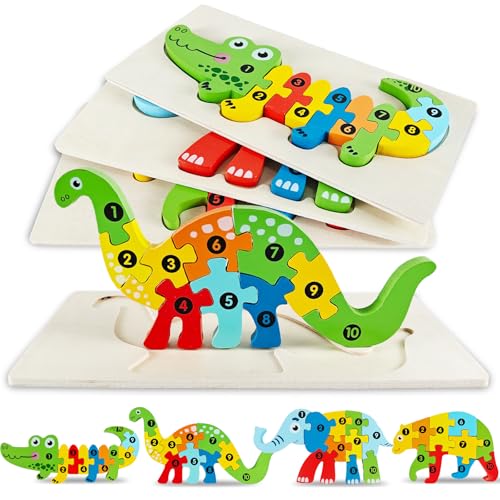 4 Stück 3D Kinder Holzpuzzle, Holzspielzeug ab 1 2 3 Jahren, Steckpuzzle Holz Montessori Spielzeug für Baby, Kleinkind Lernspielzeug, Geschenk für 1 2 3 jährige Jungen und Mädchen (Tier) von Tangdudu