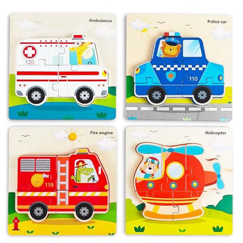 4 Stück 3D Kinder Holzpuzzle, Holzspielzeug ab 1 2 3 Jahren, Steckpuzzle Holz Montessori Spielzeug für Baby, Kleinkind Lernspielzeug, Geschenk für 1 2 3 jährige Jungen und Mädchen (Verkehr) von Tangdudu