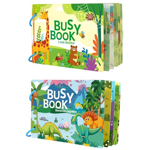 Tangdudu 2PC Montessori Busy Book ab 1 2 3 4 5 Jahre Kleinkinder, Quiet Book, Activity Book zum Lernen von Tieren, Farben, Formen, Obst, Gemüse, Fahrzeugen, Lebensmitteln und Dinosauriern von Tangdudu