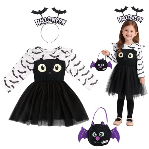 3er Fledermaus Kostüm Kinder Set,18–24 Monate Fledermauskostüm Kleinkind Glow in The Dark mit Haarreif ＆ Tasche,Halloween Kostüm Kinder Fledermaus Mädchen Bat Costume Fancy Dress Outfits Cosplay von Tankermo