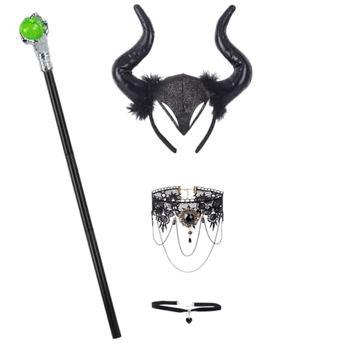 4PCS Königin Hörner Kopfbedeckung mit Stab Magisches & Gothic Halskette Set,Halloween Accessoires Damen Teufelshörner Böse Kostümzubehör,Schafkopf Haarreif Teufel Kostüm Maleficent Cosplay Karneval von Tankermo